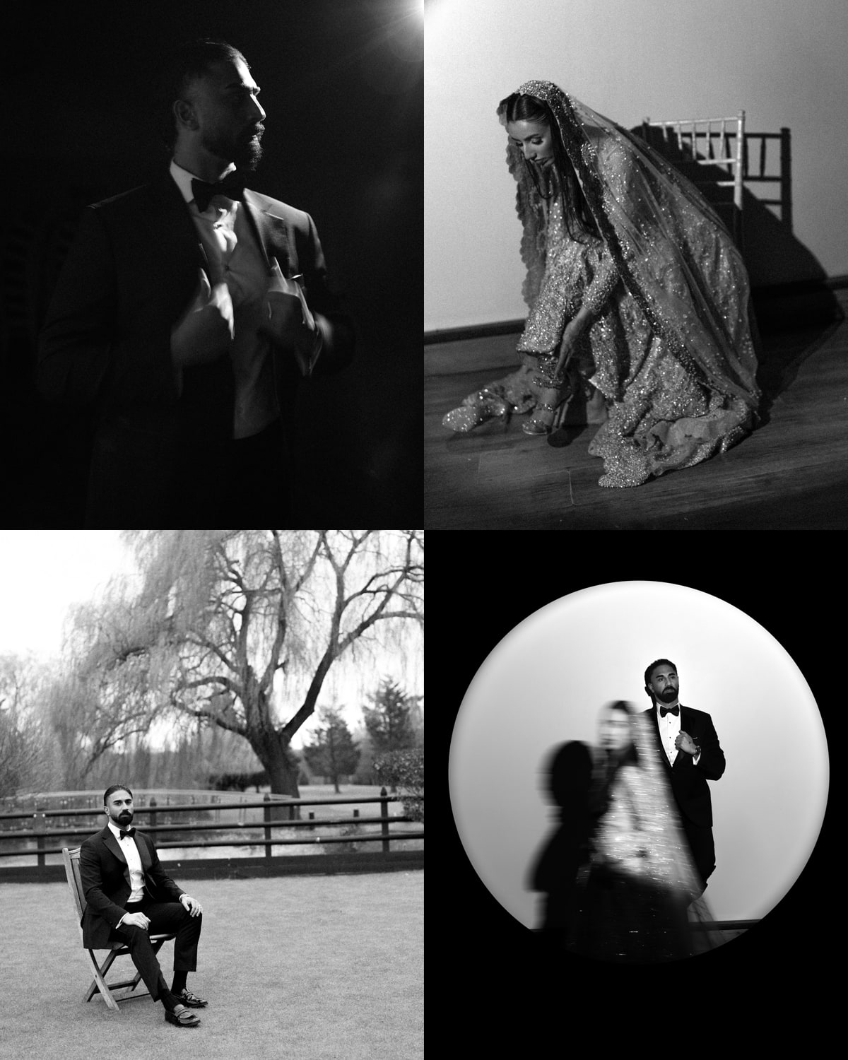 A grid of four black and white portraits of the bride and groom