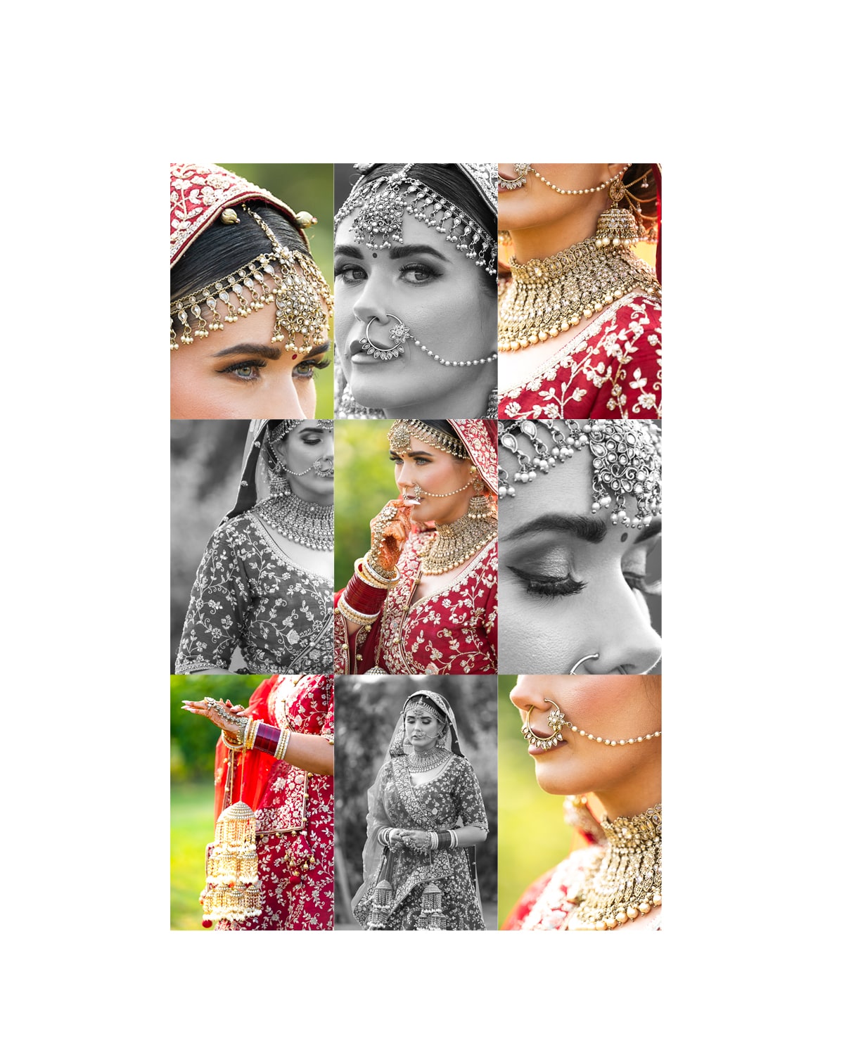 Grid of close portraits of the bride, showing her tikka, nath, layered necklaces and red kalire