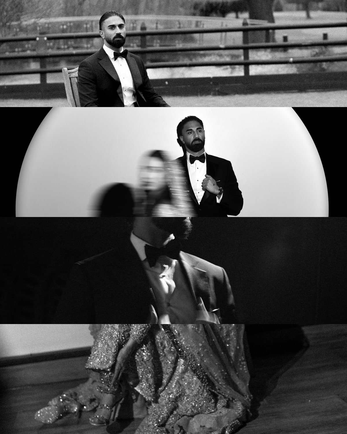 A column of black and white portraits, the groom seated and the couple close together