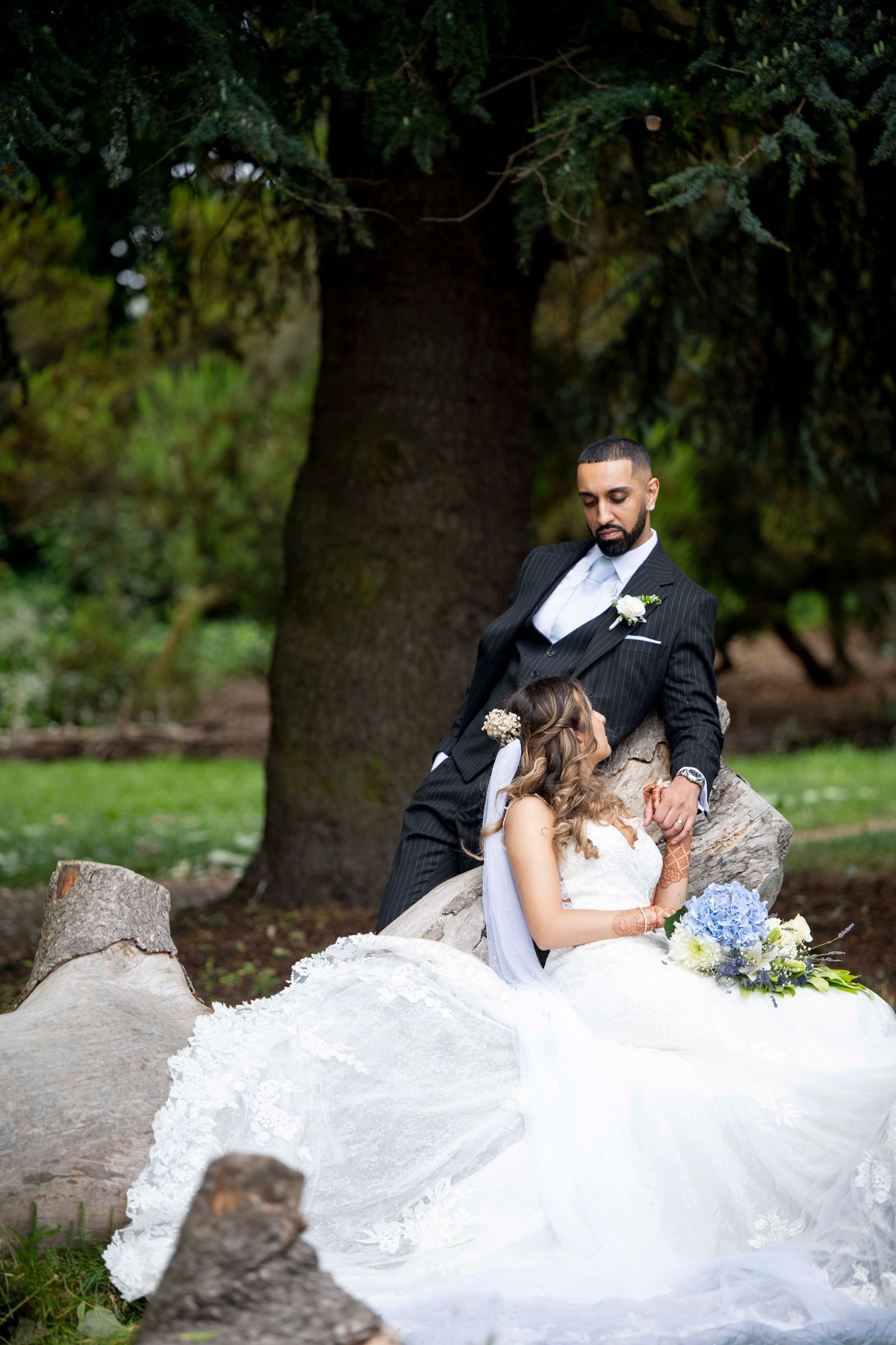 Bride seated on a fallen log beneath a cedar, her groom leaning behind her