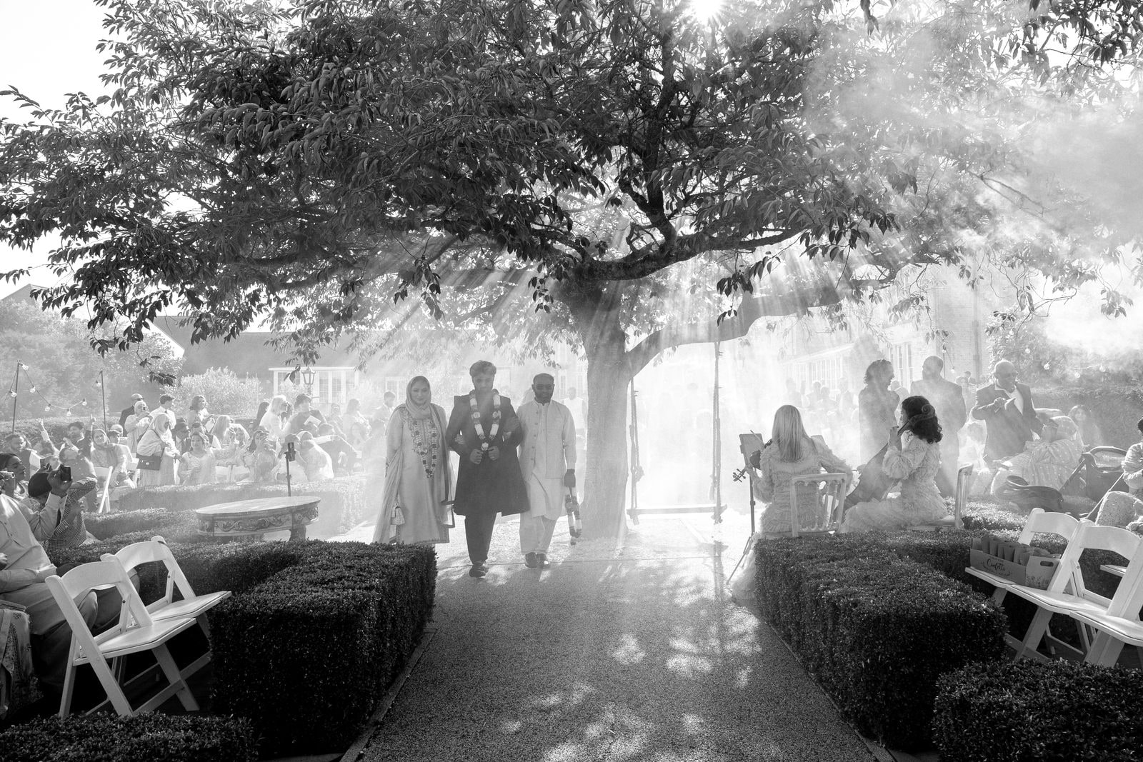 Couple walking the aisle beneath a spreading tree, in black and white