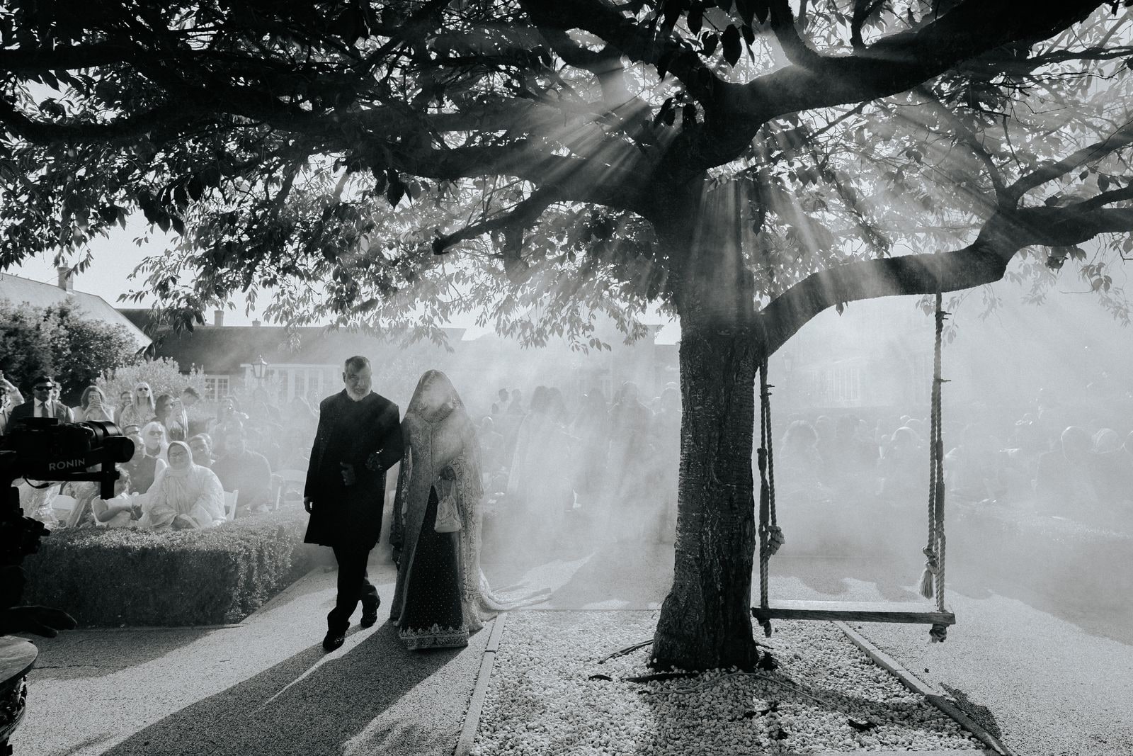 Couple walking the aisle under a great spreading tree in mist, in black and white