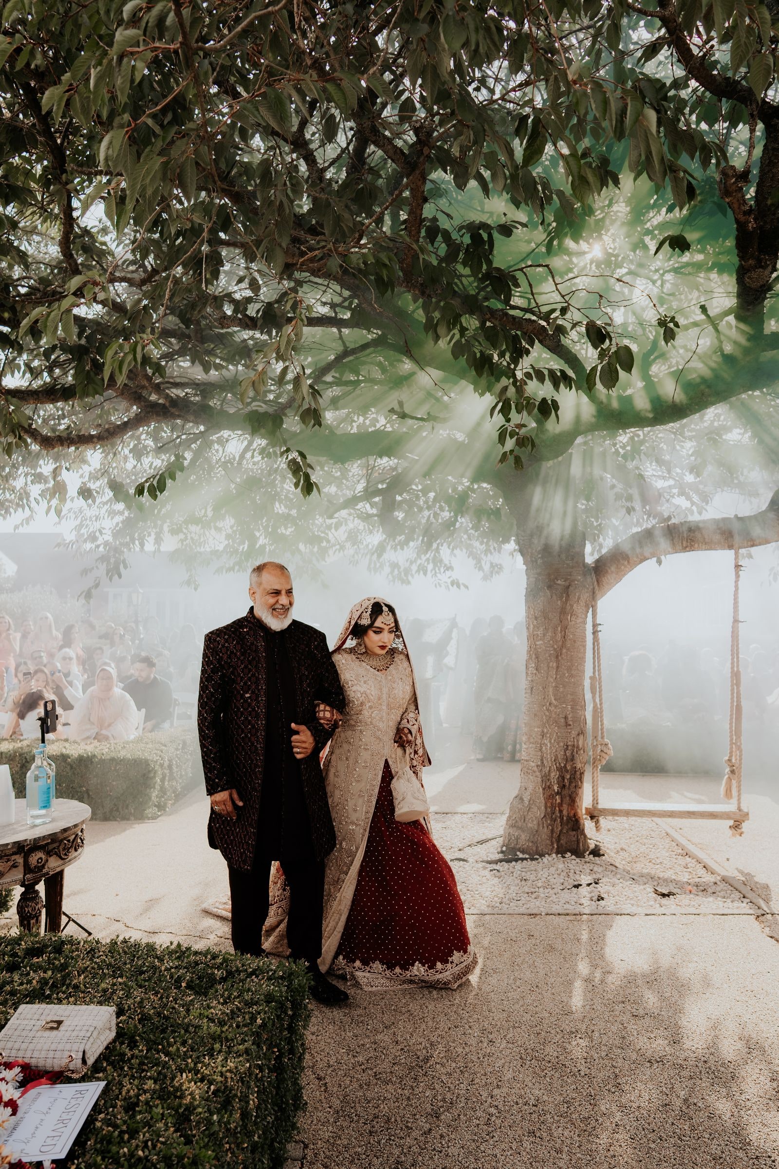 Bride and her father walking the aisle beneath the tree, a swing hanging from a branch