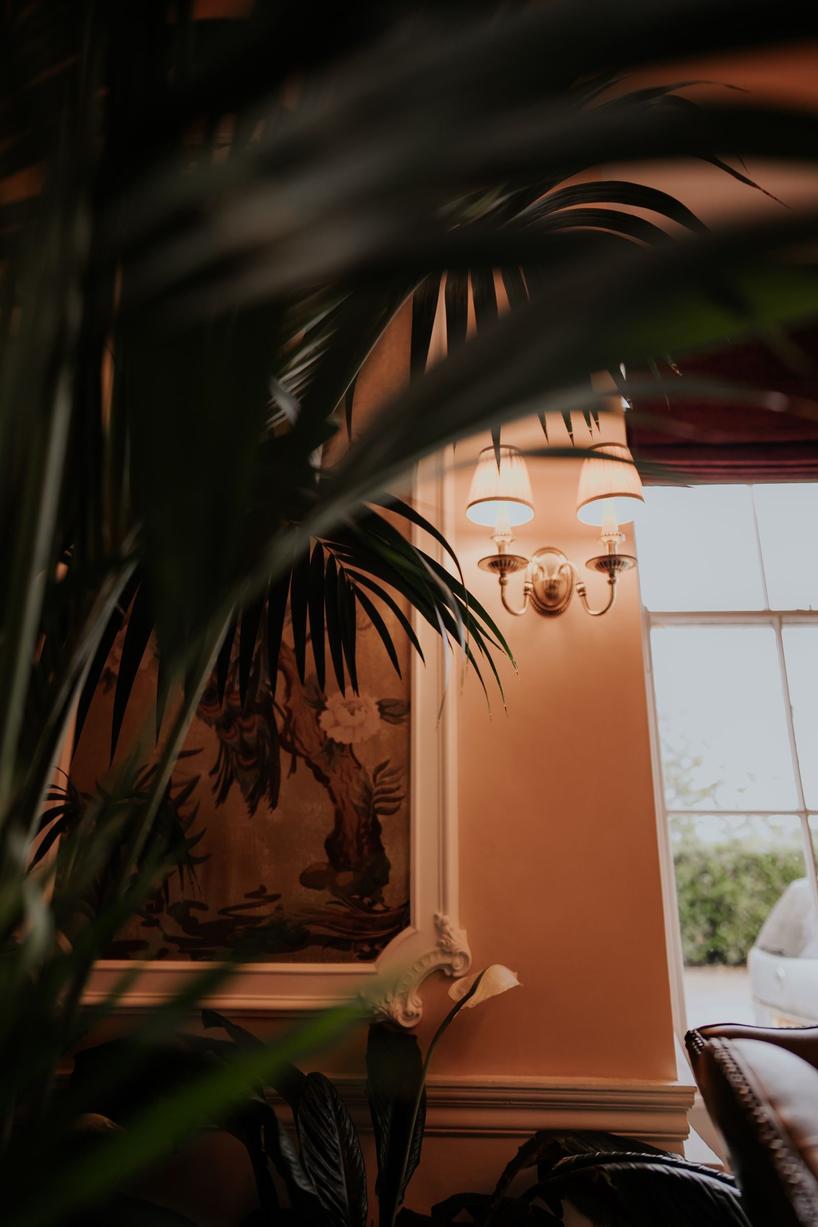 A drawing room seen through palm fronds, chandelier and windows beyond