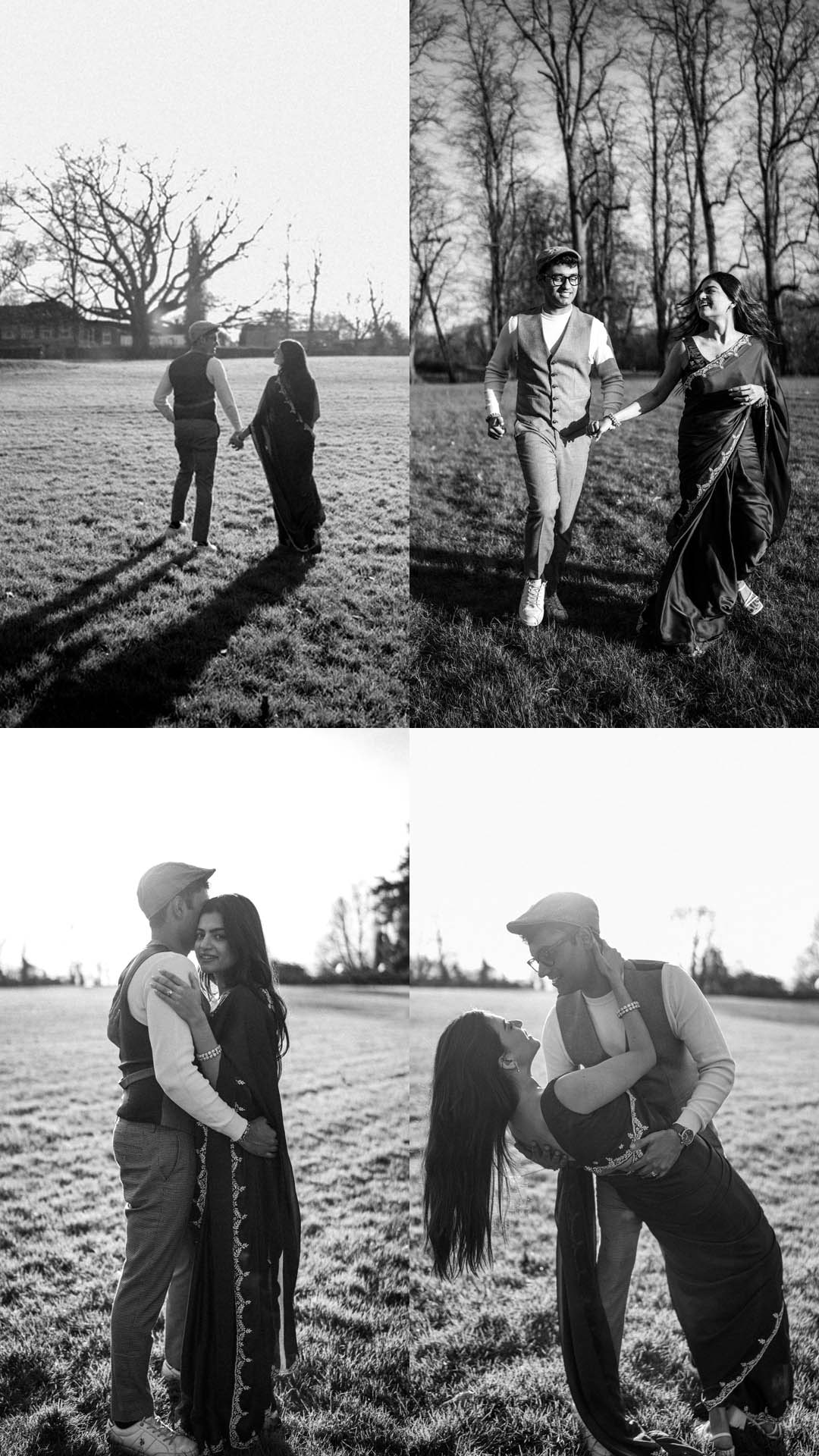 A set of four black and white frames of the couple walking and laughing in the park