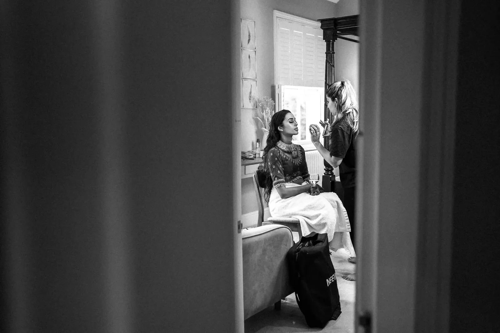 a bride seen from the photographer’s angle beside a film still from the same moment