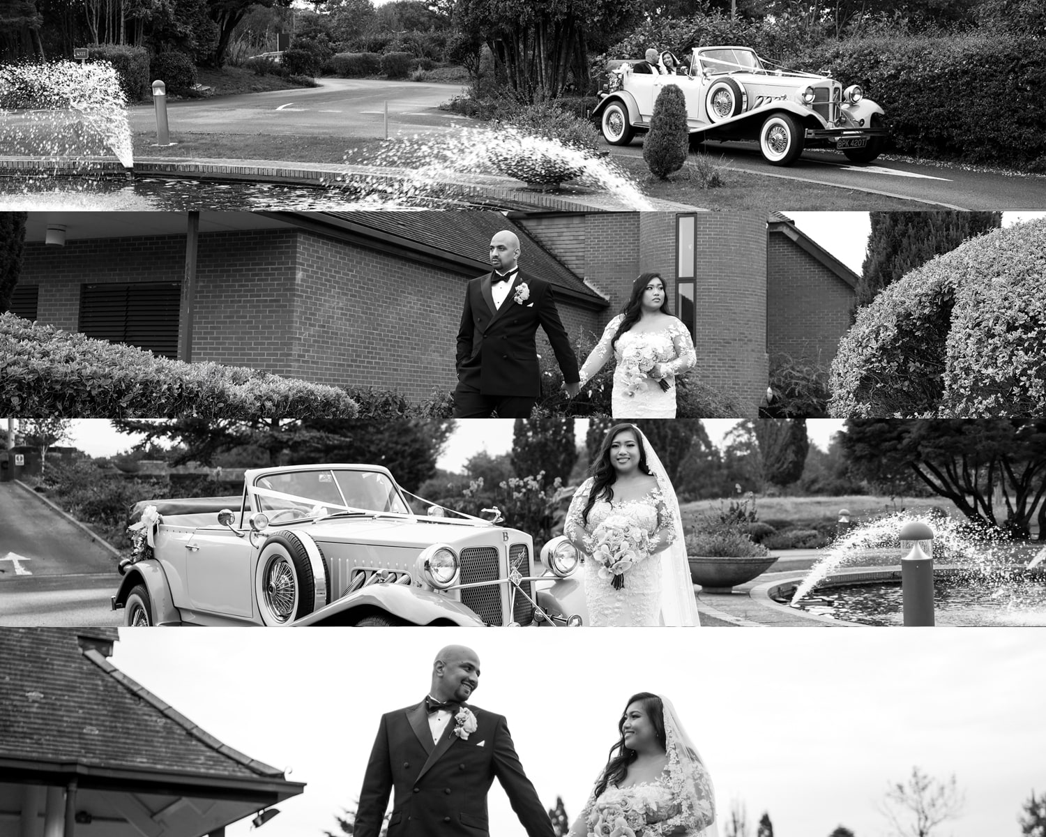 A set of four photographs of the couple with the vintage car and the venue