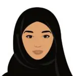 A digital illustration of a woman wearing a black hijab, featuring a neutral expression and soft facial features. The design emphasizes simplicity and elegance.