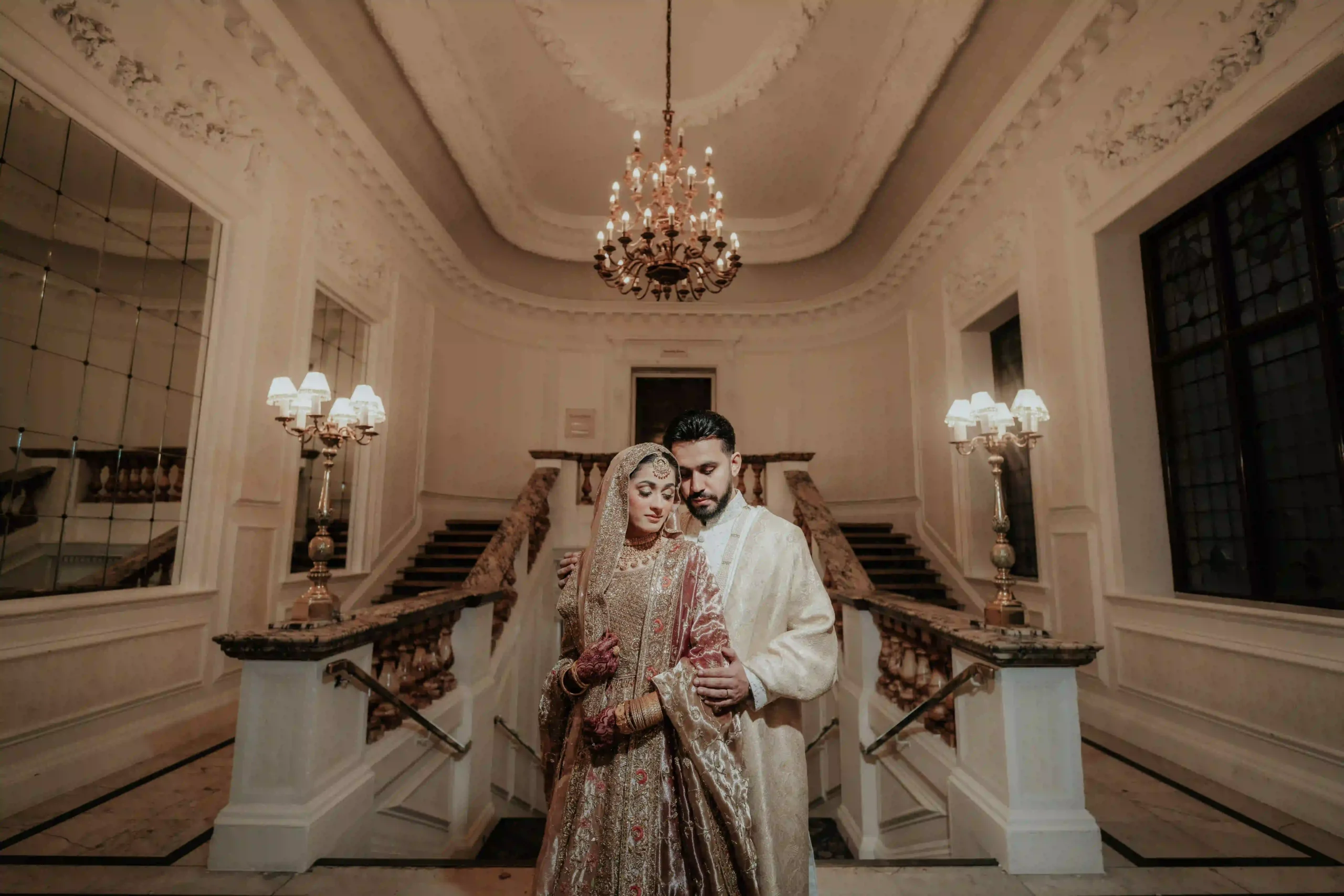 Asian Wedding Photography London – Grand Staircase Couple Portrait